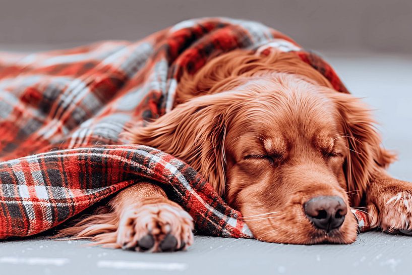 Dog rests under plaid by Art & Soul Creations