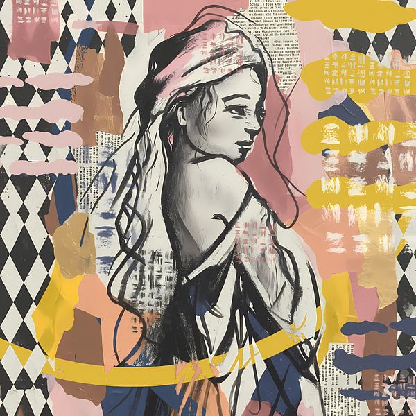 Portrait femme en gris rose ocre noir et beige par Emiel de Lange