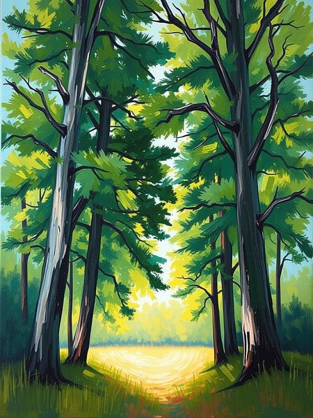 Ein Hauch von Gelassenheit: Sonnenlicht filtert durch einen grünen Waldweg von Artistic