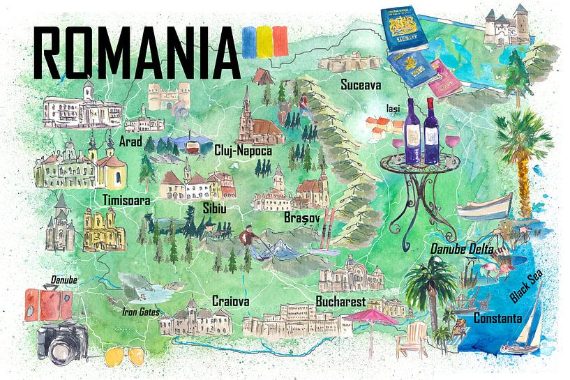 Romania Illustrated Travel Map with Roads and Tourist Highlights by Markus Bleichner