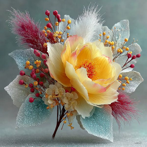 gelbe Blume mit Wasser und Zuckerguss von Gelissen Artworks