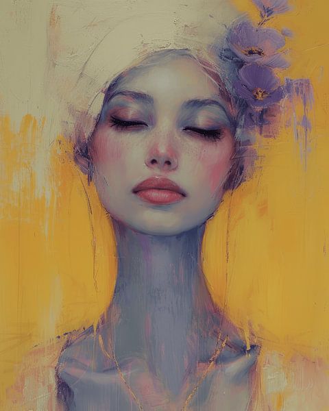 Modern portrait &quot;I&#039;m a dreamer&quot; in yellow and lilac by Carla Van Iersel