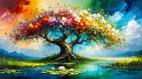 Magical tree of life - colourful symphony of blossoms by the glittering forest lake
