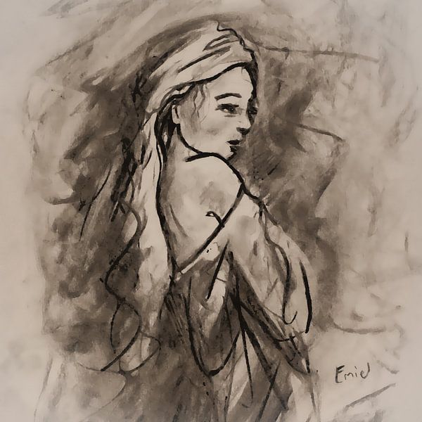 Mädchen mit taupefarbenen Leinentüchern von Emiel de Lange