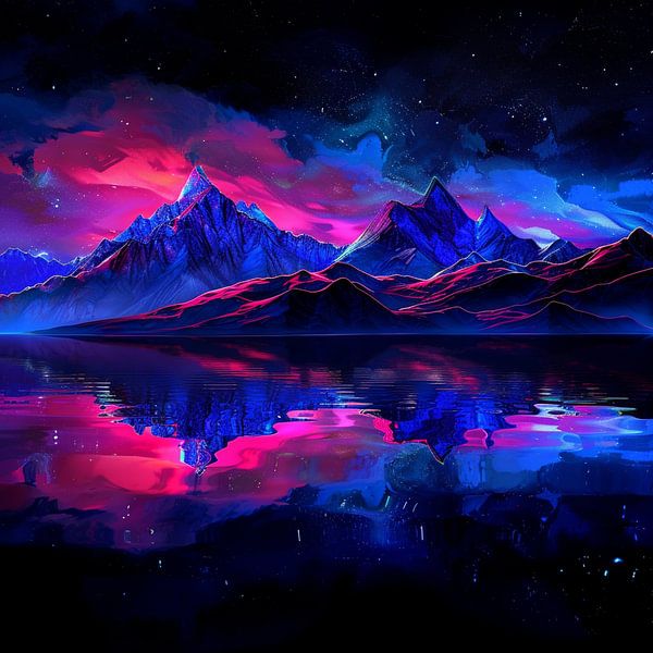 Neon Landschaft Berge Himmel Fluss leuchtend schwarz von gm_designs