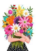 Femme tenant un bouquet de fleurs coloré sur fond blanc