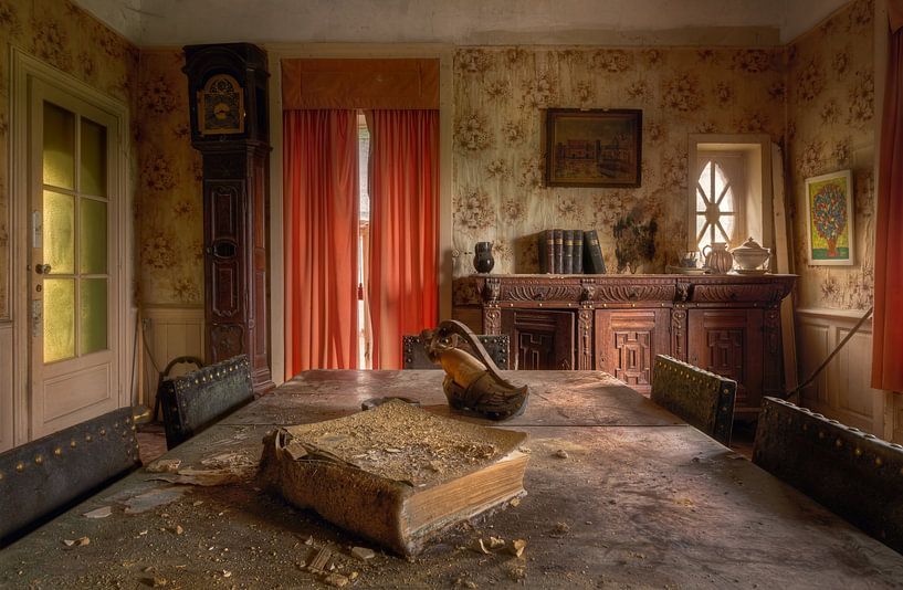 Knowledge is Power - Book on Table in Abandoned Living Room. by Roman Robroek - Photos of Abandoned Buildings