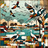 Collage/Mosaik einer afrikanischen Landschaft mit Störchen
