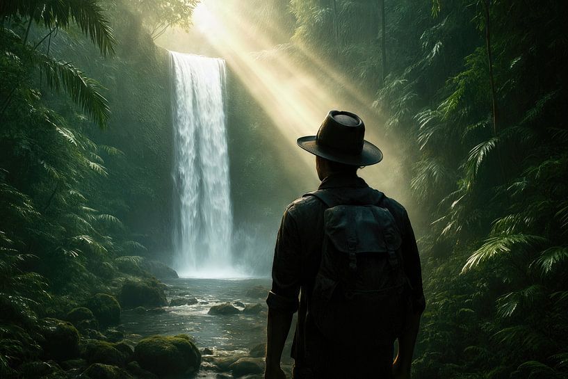 Mann beim Rucksacktourismus im Dschungel mit Blick auf einen Wasserfall von Markus Gann