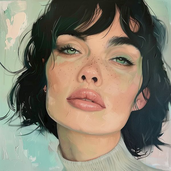Portrait d'une belle femme naturelle aux cheveux noirs et aux yeux verts par Mel Digital Art