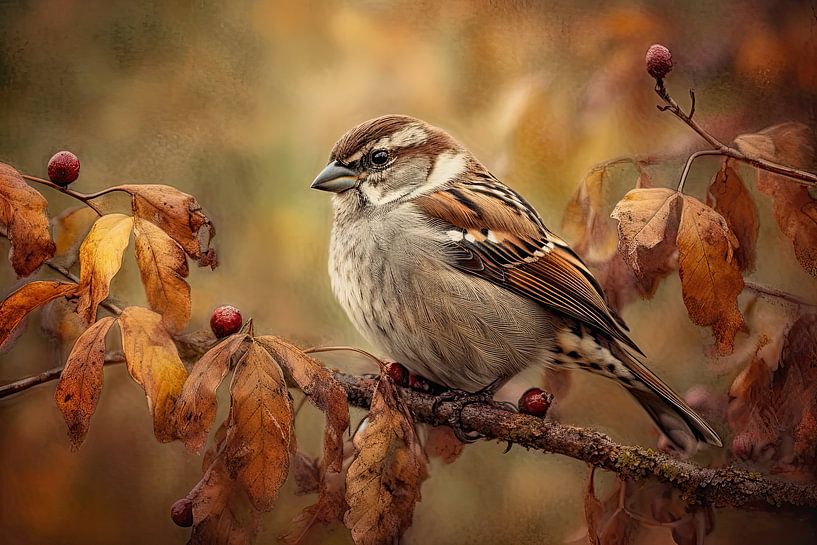Spatz im Herbstlaub - Warmes Vogelgemälde von Joriali Fotografie und Gemälde