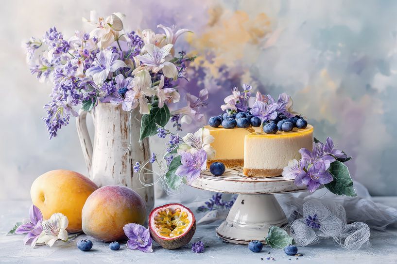 Cheesecake met Fruit en Bloemen - Tijdloos Dessert Stilleven van Joriali fotografie en schilderijen