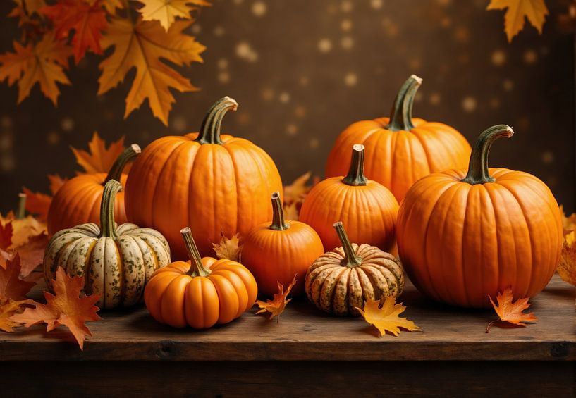 Citrouilles et feuilles d'automne sur une surface en bois par Markus Gann