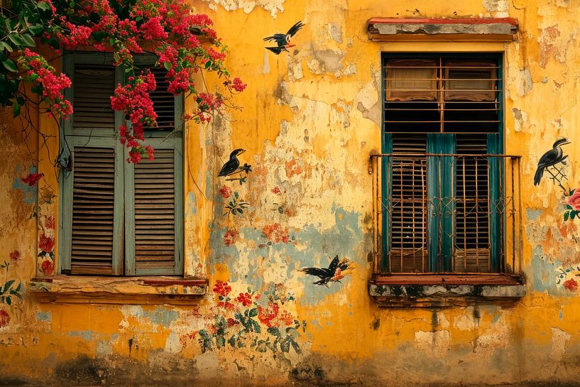 Tropischer Verfall – Gelbe Wand mit Blumen und Vögeln  „Nostalgie auf verwitterten Wänden“  Eine ver von BowiScapes Abstrakt und digitale Kunst