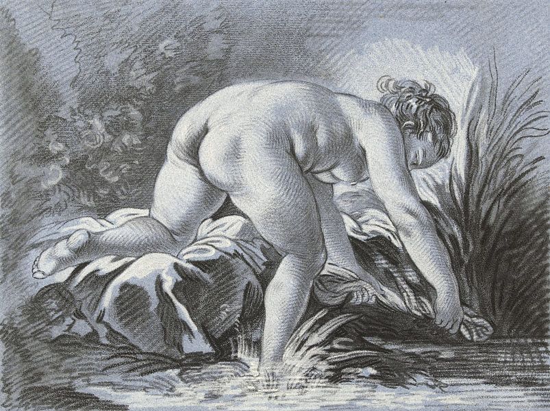 Etching in blue, Woman doing laundry nude, Louis-Marin Bonnet, 1768 - 1769 by Atelier Liesjes