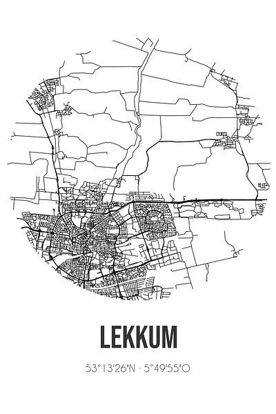 Lekkum (Fryslan) | Carte | Noir et blanc par Affiches de lieux