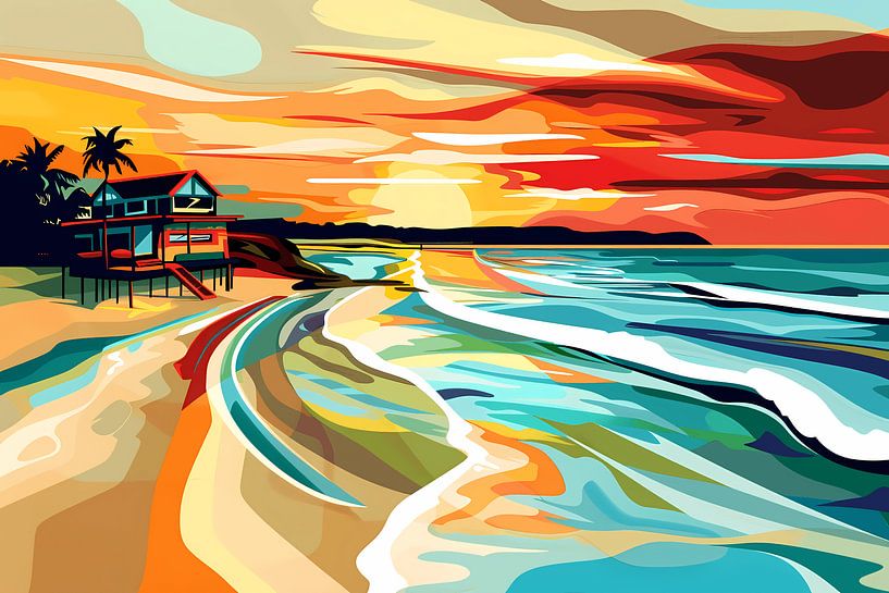 Impressionistic beach house at sunset by Art & Soul Creations