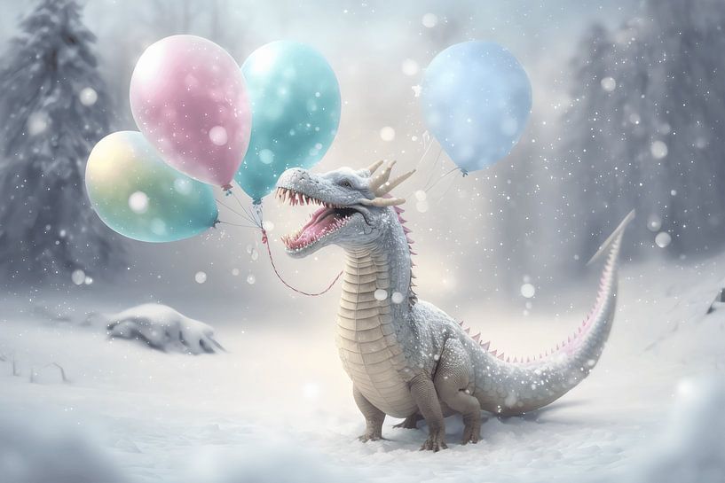 A happy dragon with pastel-coloured balloons in the snow. by Karina Brouwer