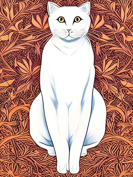 Weiße Katze mit orange-beigem dekorativen Hintergrund - Illustration Kunstdruck von Lily van Riemsdijk - Art Prints with Color