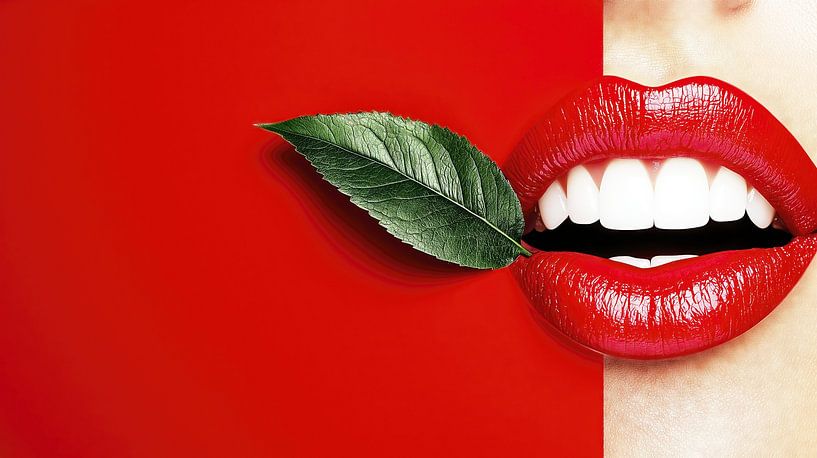 Lèvres rouges avec feuille par Frank Heinz