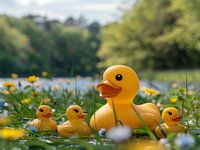 Mère canard avec trois petits canards