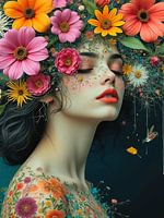 Surrealistisches Porträt einer Frau mit Blumen