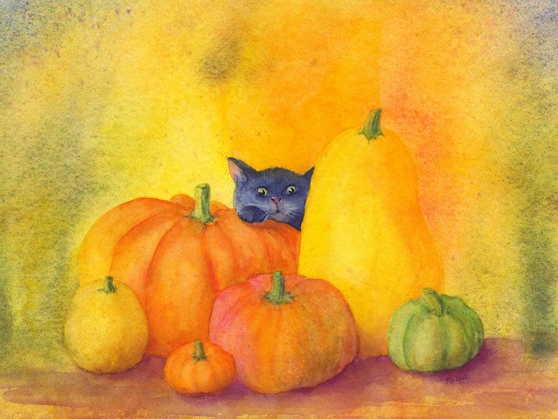 Black cat peeking behind pumpkins by Karen Kaspar