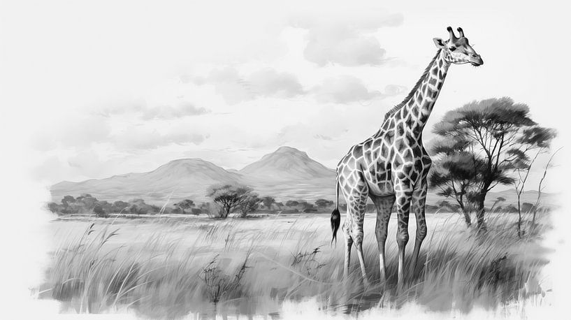 Giraffe, die auf einem Feld läuft, Zeichnung, Giraffen-Bleistiftzeichnung im Vintage-Stil. von Animaflora PicsStock