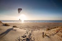 Mann Gleitschirmfliegen am Strand bei Sonnenuntergang im Sommer