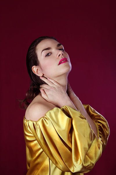 Portrait d’une femme en blouse dorée sur fond rouge par Iris Kelly Kuntkes