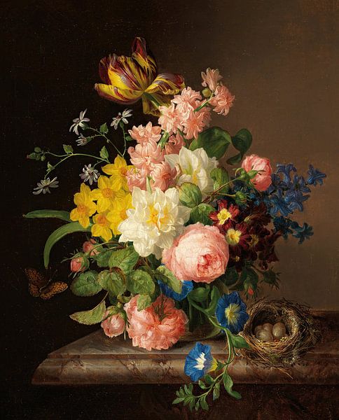 Blumenstrauß mit Vogelnest und Schmetterling, Josef Lauer von Meisterhafte Meister