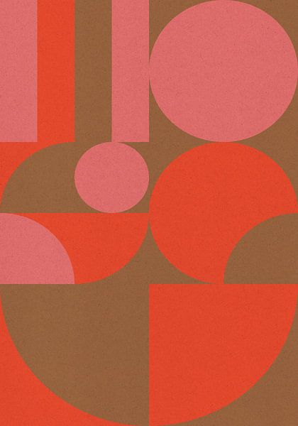 Retro 70s living. Abstract geometric art in pink, burnt orange, brown. by Dina Dankers