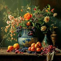 Stilleven met bloemen en fruit