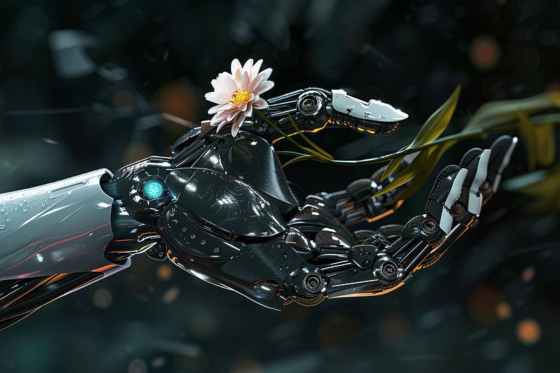 Robotarm met bloem in delicate balans van Imperial Art House