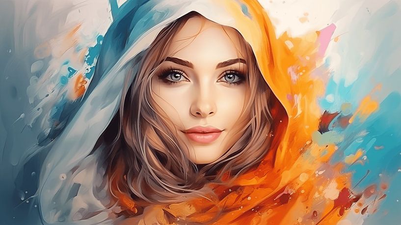 Porträt einer lächelndem muslimischen Frau mit  buntem Kopftuch Aquarell-Kunst Design von Animaflora PicsStock