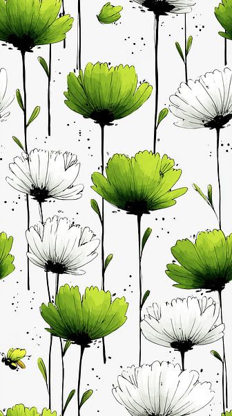 Green White Flowers | Wall Wallpaper by Karina Brouwer