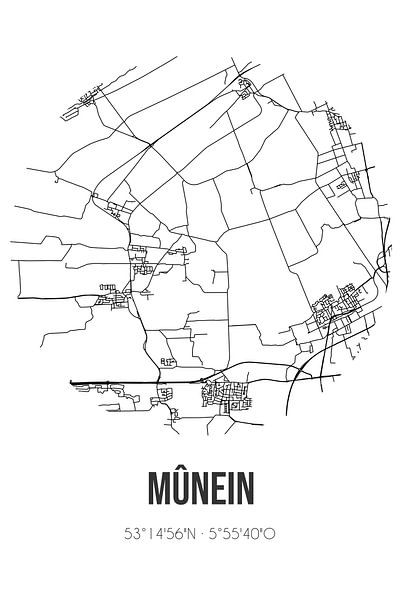 Mûnein (Fryslan) | Carte | Noir et blanc par Affiches de lieux