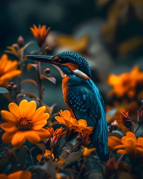 Kingfisher among colourful flowers by But First Framing