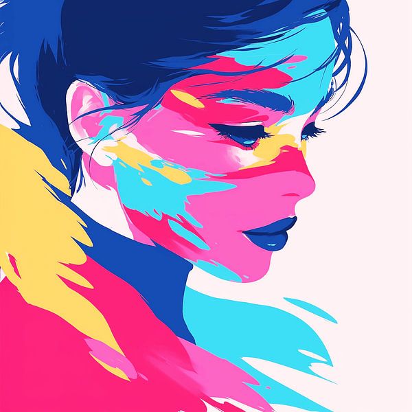 Statement piece woman portrait - colourful modern art in pop art style by Karina Brouwer