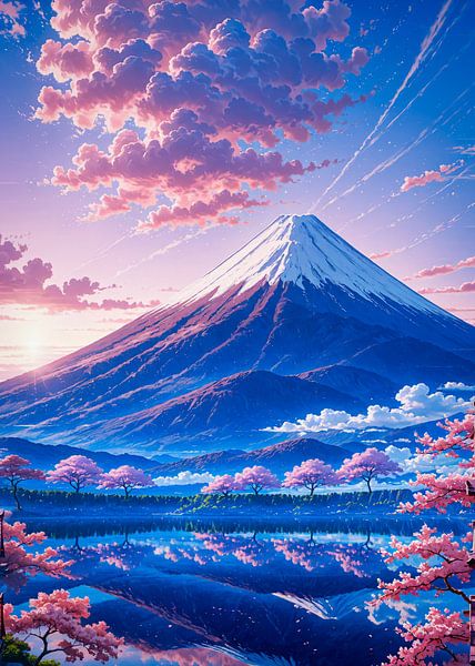 Mount Fuji Sakura Cherry Blossom Lake Landscape Japan by Ruzerin