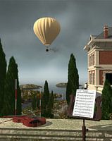 Landschaft mit brennendem Luftballon