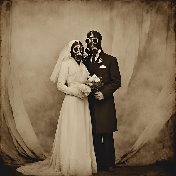 Toilet Art, couple de mariés masques à gaz par FoXo Art