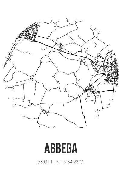 Abbega (Fryslan) | Carte | Noir et blanc par Affiches de lieux