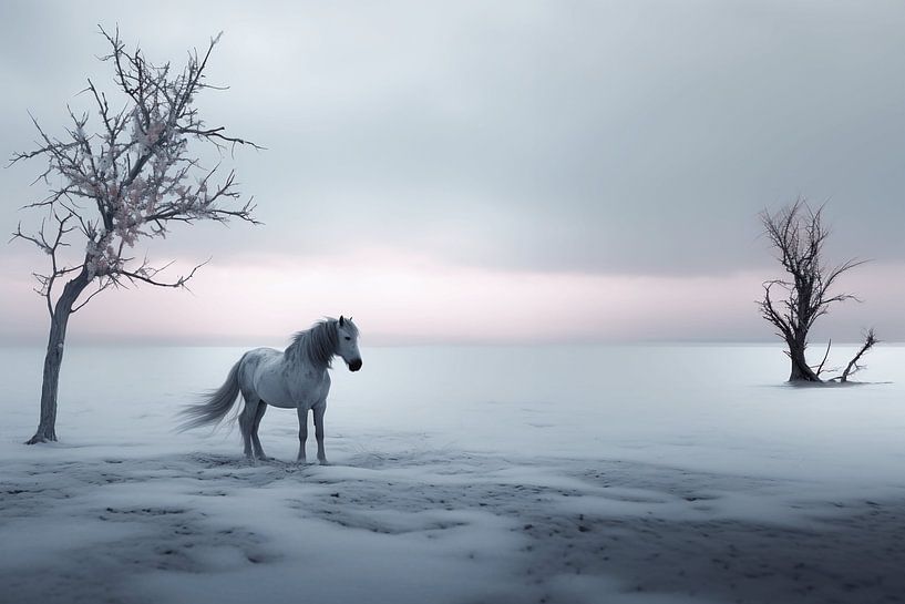 Das Pony in einer Winterlandschaft unter der Blüte. von Karina Brouwer