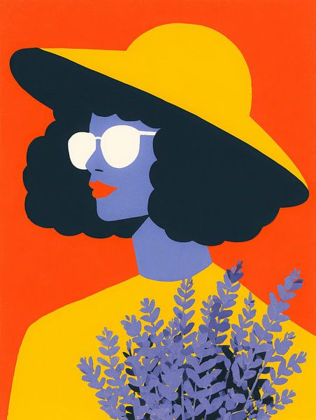 Woman with sun hat and lavender - colourful modern portrait in pop art style by But First Framing
