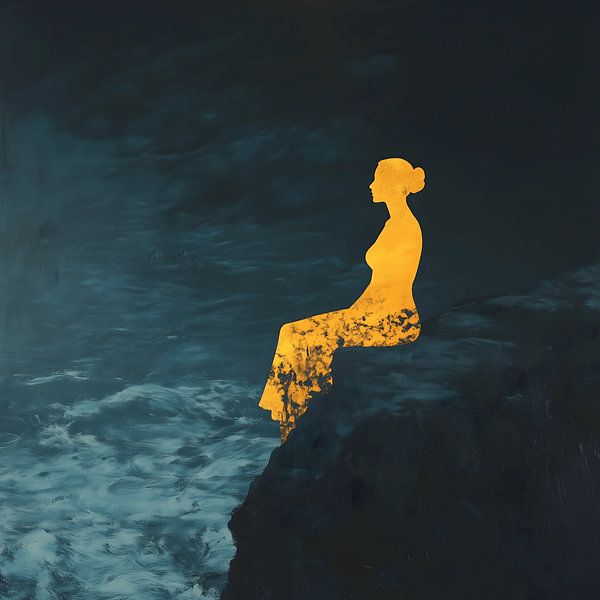 Woman by the Sea of Night - Golden Silhouette by Surreal Media
