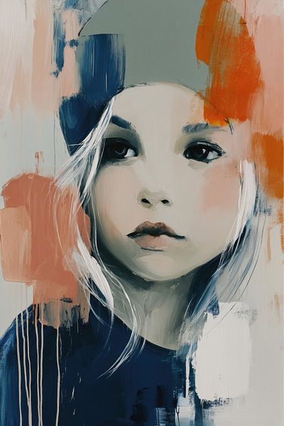 Girl with Crown - Terracotta Blue Mysterious Expressive Painting by Joriali Abstract