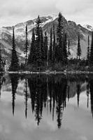 Vertical reflection of mountains and trees in Canadian Lake