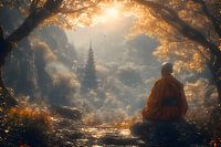 Ein buddhistischer Mönch meditiert während des Sonnenuntergangs unter dem Alten Baum mit Blick auf die Alte Pagode.