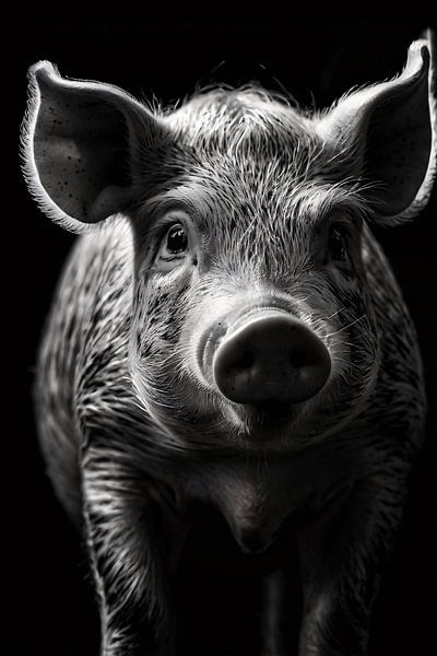 Portrait de cochon en noir et blanc sur toile par Art & Soul Creations